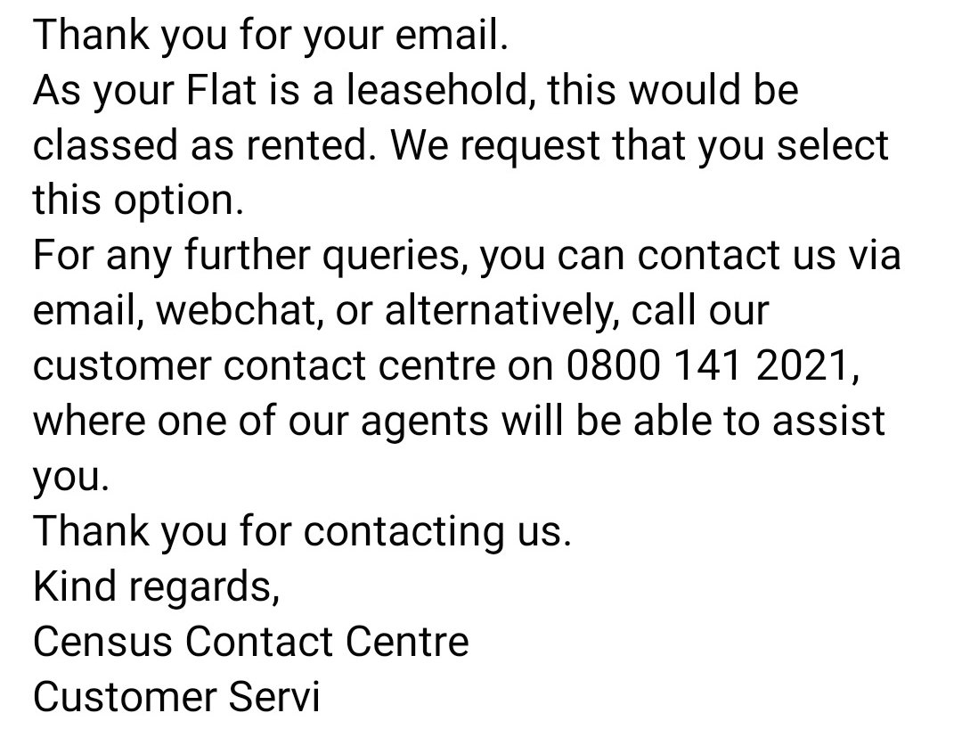 NLC_2019's tweet photo. .@Census2021 tells leaseholder

"As your flat is leasehold it would be classed as rented. We request you select this answer" 

More inconsistencies and mixed messages. 🤷‍♀️🙈

#leaseholdscandal @LKPleasehold 
@suejbright @leaseadviceUK @FoPRA @PBottomleyMP 
👇👇 https://t.co/FoDsEOM19c