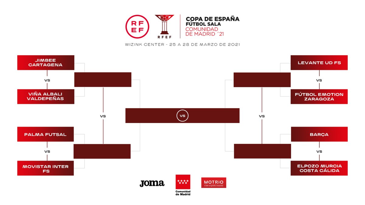 FutSalRFEF's tweet photo. ¿Estáis preparados? 😏

⚽ @JimbeeCartagena 🆚 @VinaAlbaliFS | 18:00 horas | 📺 https://t.co/IGPpUtJPvT.

⚽ @PalmaFutsal 🆚 @InterMovistar  | 20:30 horas | 📺 @teledeporte.

💪🏻 En juego los primeros encuentros de los CUARTOS DE FINAL. 

#CopaDeEspañaFutsal 🏆 https://t.co/01B2Nv6TEo