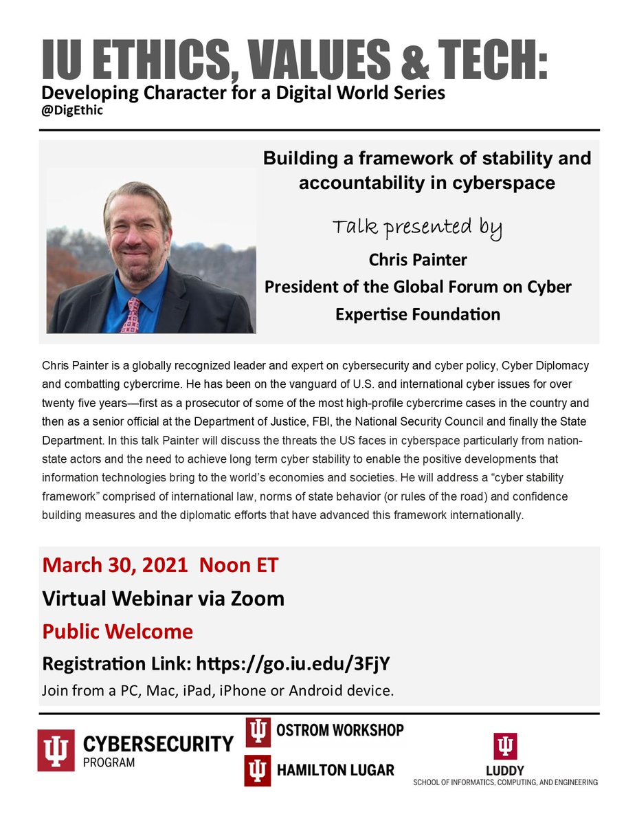 digethic's tweet photo. Join us on Tuesday March 30, Noon ET for an online conversation with Chris Painter.

Free and open to the public
Register now:  https://t.co/2KVRePXfvt https://t.co/MCz8muFztr