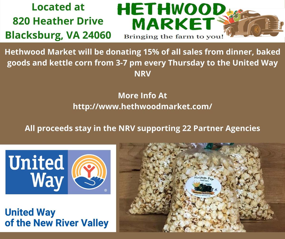 Be sure to visit #HethwoodMarket in Blacksburg Thursday evening from 3-7p! 15% of sales from dinner, baked goods, and kettle corn will be donated to #UnitedWayNRV 
Order online for fast and easy pickup at:
direct.chownow.com/order/19881/lo…
#shoplocal #kettlecorn #hethwoodmarket