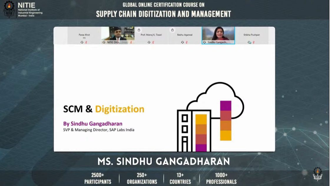 IIMMumbai's tweet photo. The Closing Ceremony for the ‘Global Online Certification Course on Supply Chain Digitization and Management’ was graced by Ms. @gangadharansind SVP & MD, @saplabsindia.
#NITIE #SCM #SupplyChain #SAP #DigitalSCM https://t.co/LoGSzbQY06