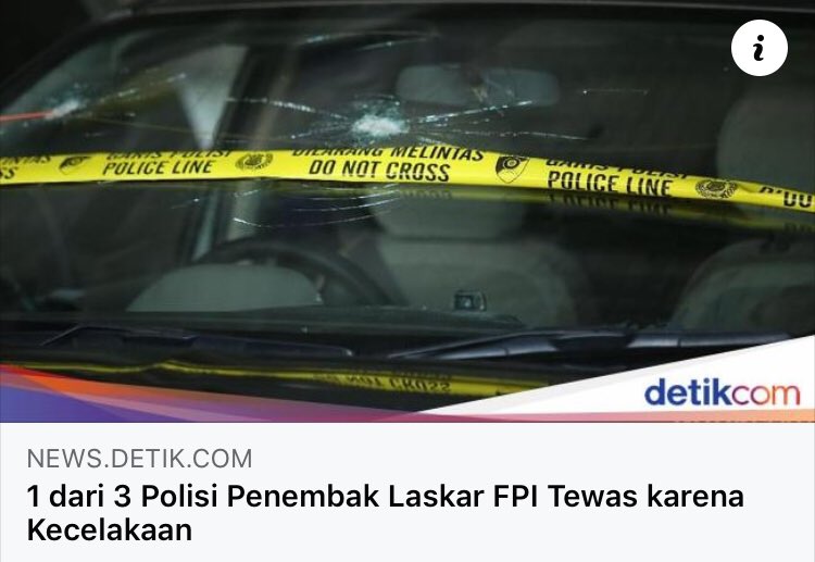 yo2thok's tweet photo. Di beritakan 1 dari 3 Polisi Penembak Laskar FPI tewas kecelakaan.
1. Saat ditanya wartawan Saling lempar antara humas Mabes dan Bareskrim.
2. Tidak disebutkan TKP kecelakaan

Jangan...jangan....ah sudah lah nti kan ke bongkar sendiri😁 https://t.co/DVgVgbIeK0