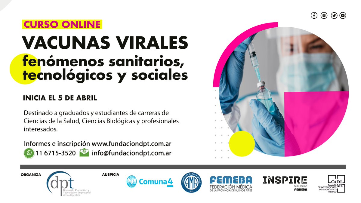 ProgramaFives's tweet photo. Vacunas virales: fenómenos sanitarios, tecnológicos y sociales"

Curso online dirigido a graduados y estudiantes de carreras de Ciencias de la Salud, Ciencias Biológicas y profesionales interesados.

Inicia el 5 de abril
Inscripción vía Whatsapp +54 9 11 6715 3520

#vacunas https://t.co/uAdIpyUP9V