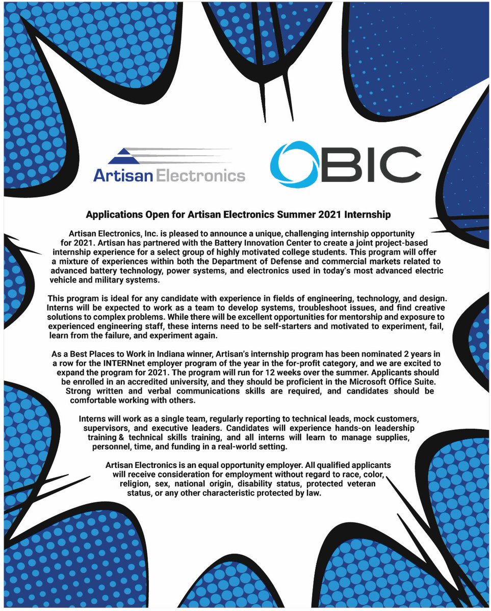 DCIEDC's tweet photo. Are you looking for an internship in the fields of defense, battery technology, and electronics? If so, check out this amazing opportunity with Artisan Electronics and the Battery Innovation Center!  https://t.co/t3Yfg1lRXn https://t.co/SWVXUCBpWl