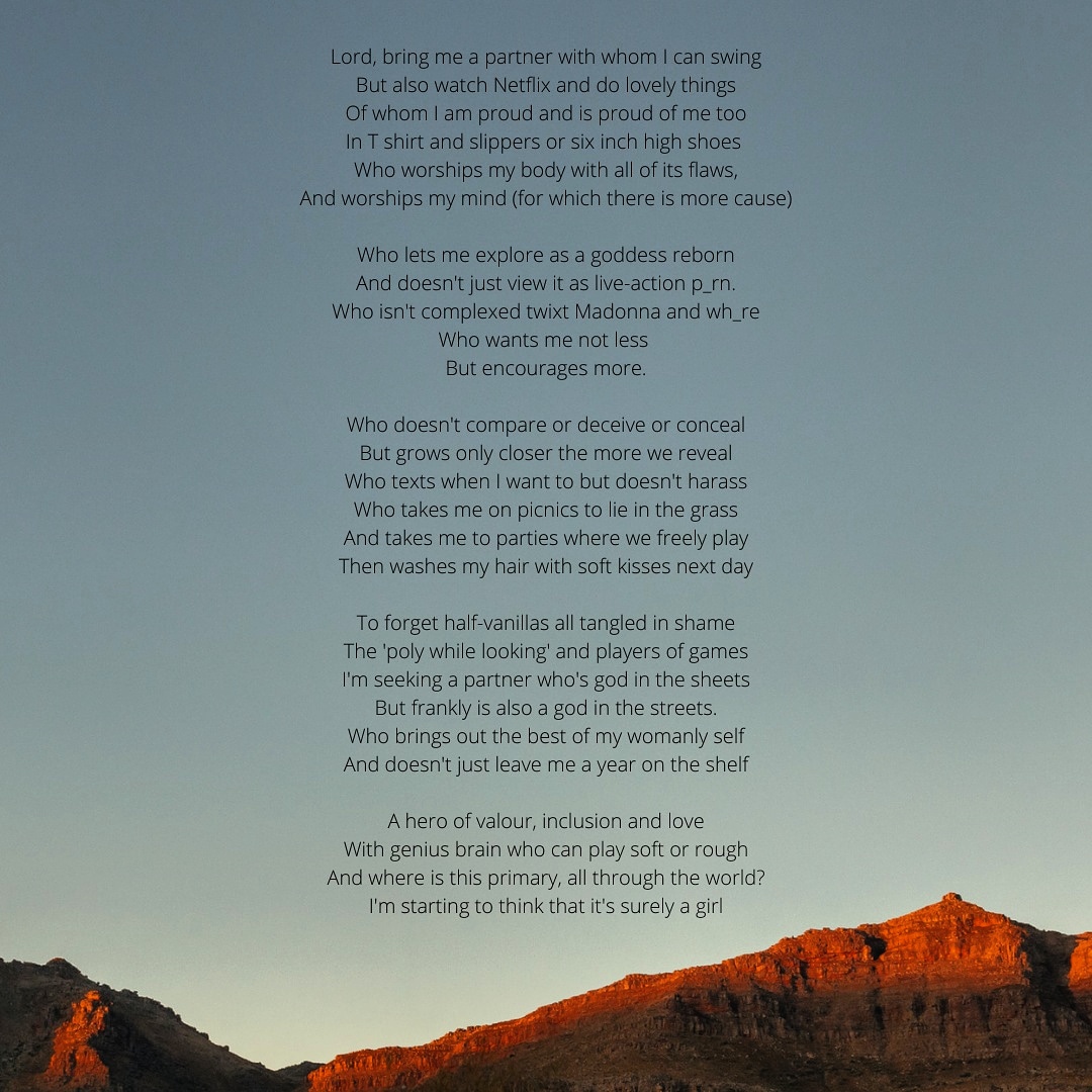 unicornhuntingb's tweet photo. The single swinger woman's prayer #swinging #poly #singlewomanproblems #poetry https://t.co/XR3pcYhbrN