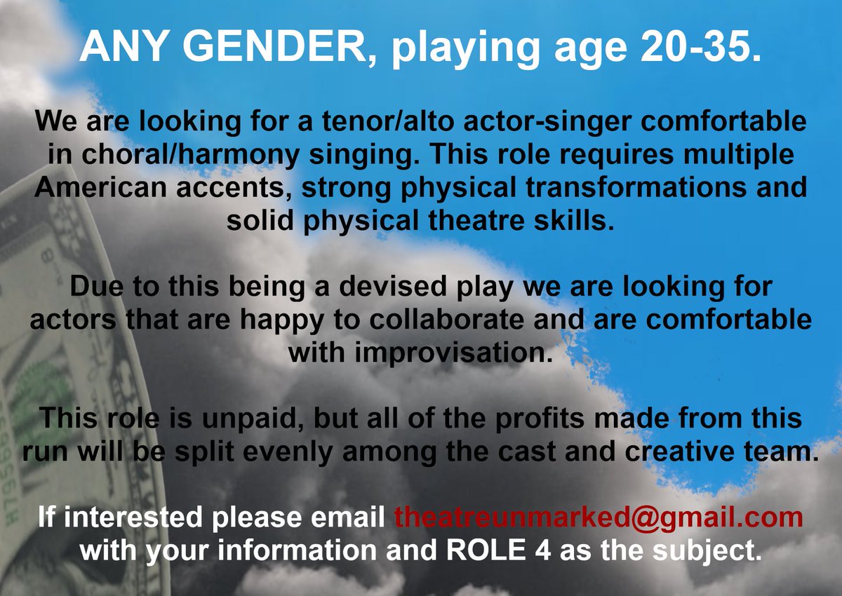 💰CASTING CALL💰 We are looking for actors for our upcoming production “I didn’t want this. I just wanted you.” A devised neo-Brechtian play with music that tells the true story of infamous lottery winner Billie-Bob Harrell Jr. Running at London fringe venues this July.