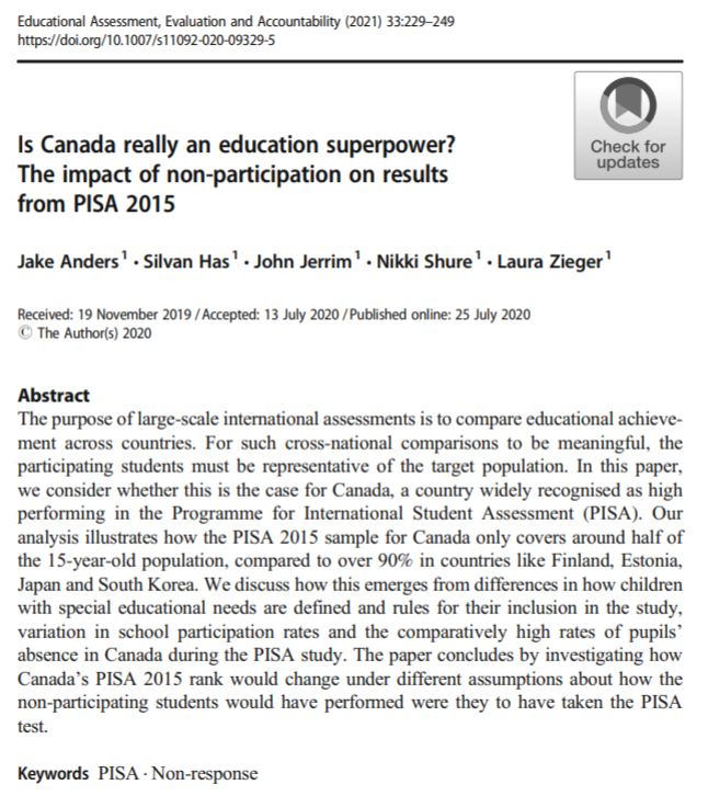 ILSA_blog's tweet photo. In the last paper of the special issue, @jakeanders, @silvanhas, @JohnPeterJerrim, @nikki_shure &amp; @laura_raffaella question whether Canada's results in #PISA2015 are as strong as they seem, considering its high non-response rates

https://t.co/Uwtg89ezwV https://t.co/4TTV9Fdlp0