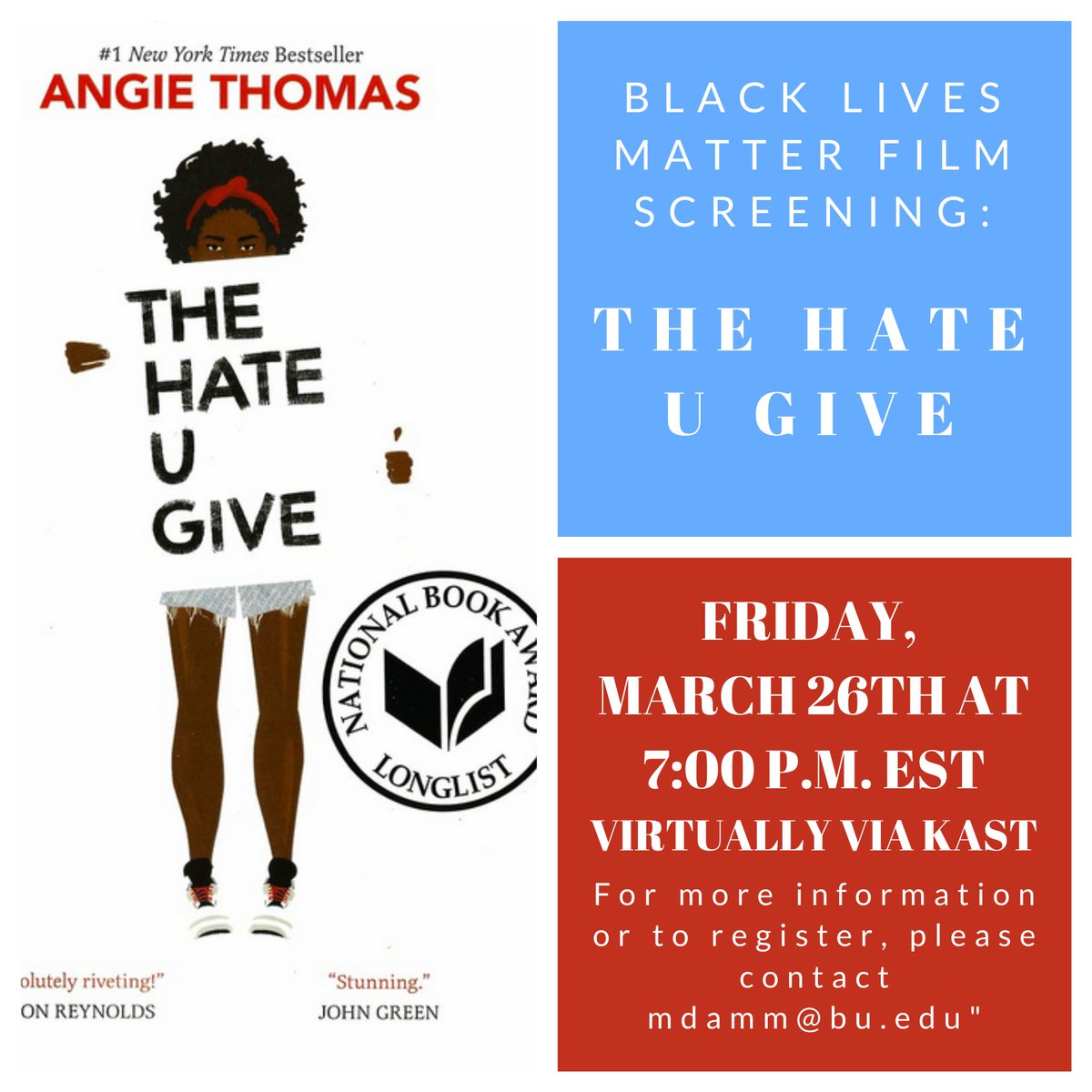 Marsh invites you to a virtual screening of "The Hate U Give" this Fri. 3/26 @ 7pm EST.  Based on Angie Thomas' book, the film explores race, class, &amp; police violence.  There's also an optional post-film discussion.  Email mdamm@bu.edu to register/for more info