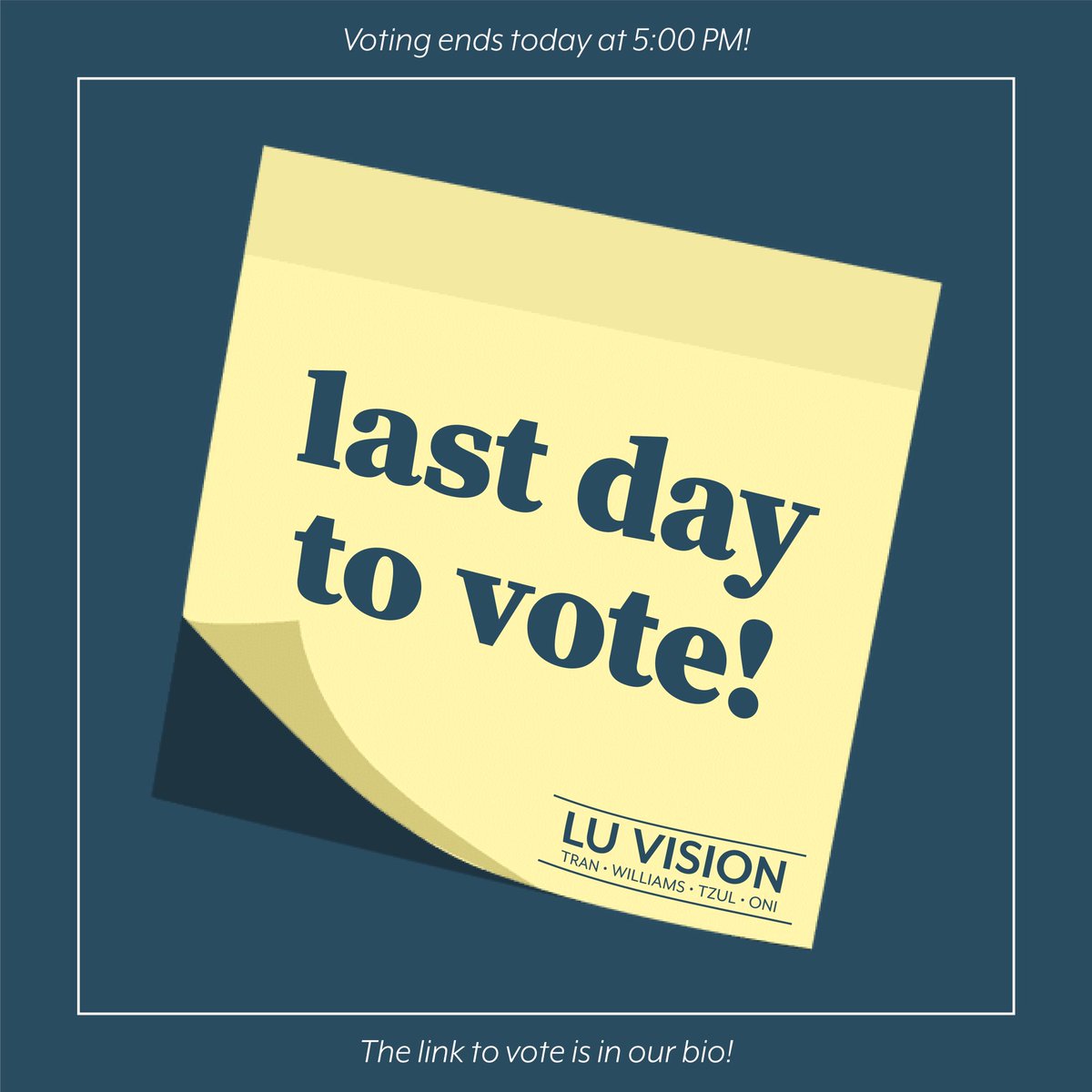 luvision2021's tweet photo. Voting ends TODAY at 5:00 PM, so make sure to vote before then! The link to vote is in our bio!
☆
#luvision2021
Your vision. Our ambition. https://t.co/dXOQ44GJ93