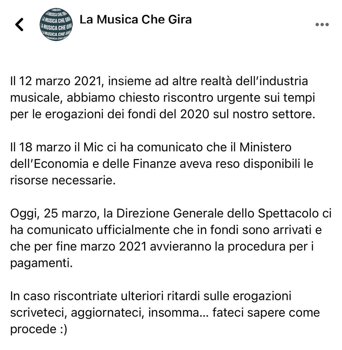 La musica che gira (@lamusicachegira) on Twitter photo Oggi la Direzione Generale dello Spettacolo ci ha comunicato ufficialmente che in fondi sono arrivati e che per fine marzo 2021 avvieranno la procedura per i pagamenti.
<a href="/MiC_Italia/">Ministero della Cultura</a> <a href="/dariofrance/">Dario Franceschini</a> <a href="/MEF_GOV/">MEF</a> Oggi la Direzione Generale dello Spettacolo ci ha comunicato ufficialmente che in fondi sono arrivati e che per fine marzo 2021 avvieranno la procedura per i pagamenti.
<a href="/MiC_Italia/">Ministero della Cultura</a> <a href="/dariofrance/">Dario Franceschini</a> <a href="/MEF_GOV/">MEF</a>