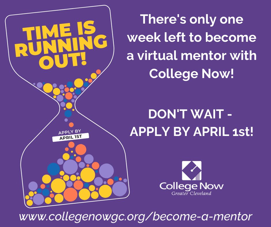 CollegeNowGC's tweet image. If you’re passionate about helping young people achieve – and are looking for a way to volunteer virtually – check out the College Now Mentoring Program! Just ONE WEEK left to apply, so don’t hesitate – apply now! collegenowgc.org/become-a-mentor
