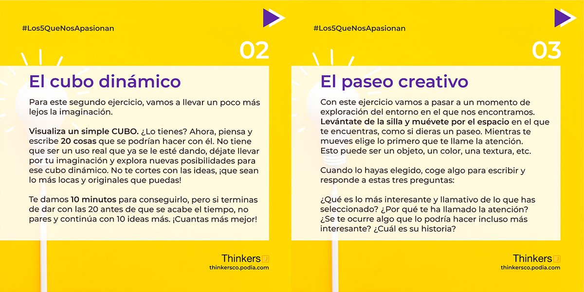 ThinkersCo's tweet photo. #Los5QueNosApasionan🧡
Aquí van 5 #EjerciciosCreativos de calentamiento, para entrenar tu mente creativa💪
Y si estás motivado/a a seguir fortaleciendo tu pensamiento lateral, continua con el curso de #RetosCreativos en #ThinkersU 🏋️♀️
👉 https://t.co/tvma6nBrf5
#ThinkersCo https://t.co/UVzcdEVGYJ