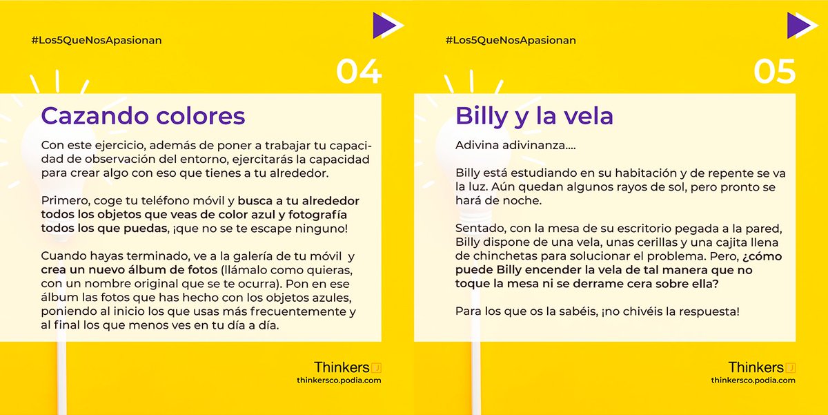 ThinkersCo's tweet photo. #Los5QueNosApasionan🧡
Aquí van 5 #EjerciciosCreativos de calentamiento, para entrenar tu mente creativa💪
Y si estás motivado/a a seguir fortaleciendo tu pensamiento lateral, continua con el curso de #RetosCreativos en #ThinkersU 🏋️♀️
👉 https://t.co/tvma6nBrf5
#ThinkersCo https://t.co/UVzcdEVGYJ