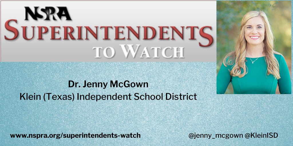 NSPRA's tweet photo. Congratulations to @jenny_mcgown, superintendent in @KleinISD, who was profiled as one of this year's @NSPRA Superintendents to Watch honorees in the #NSPRAThisWeek member e-newsletter earlier this week. Assn members, check your email to learn more about this honoree! https://t.co/MVuJhEQmV9
