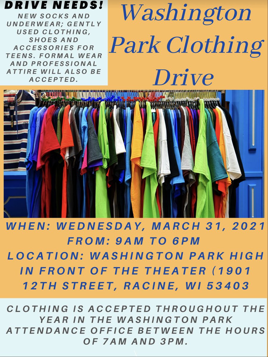 Please consider donating new socks &amp; underwear, as well as gently used clothing to the curbside Park Clothing Drive 👚👖👕on Wednesday, March 31st from 9am to 6pm!! 💙🧡 Pls share!! @wphsprincipal <a href="/mrs_omalley/">Mrs. O'Malley</a> <a href="/Park_Panthers/">Racine Park Panthers</a>