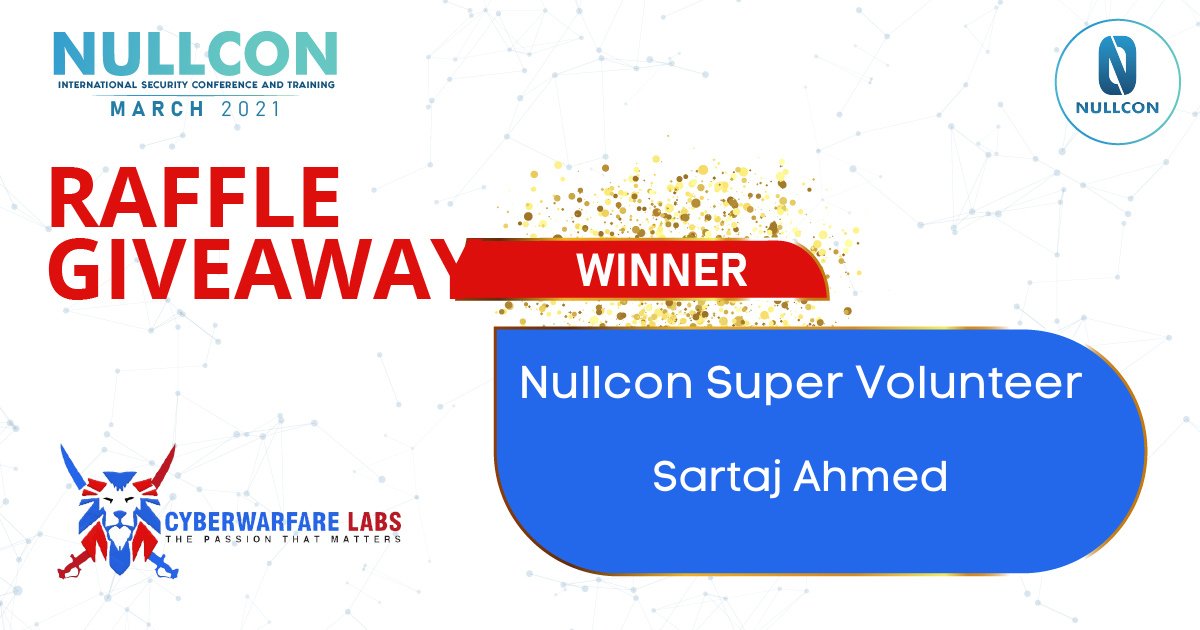 nullcon's tweet image. 🙌Nullcon Month (March 2021) is on its last week &amp;amp; the team behind the success along with internal support also includes our beloved Volunteers

⭐The Super Volunteer Raffle Award by @cyberwarfarelab goes to @Sartaj2103 for great work alongside our team

#Nullcon2021 #Infosec
