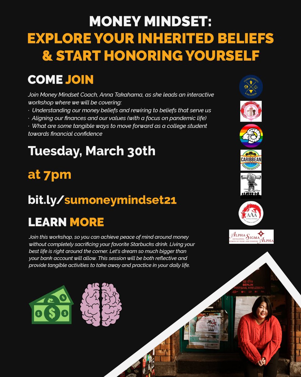 Center for Student Diversity and Inclusion and several student clubs are excited to welcome Anna Takahama, Money Mindset Coach, to Suffolk. 
Tuesday March 30th at 7PM Zoom: bit.ly/sumoneymindset…