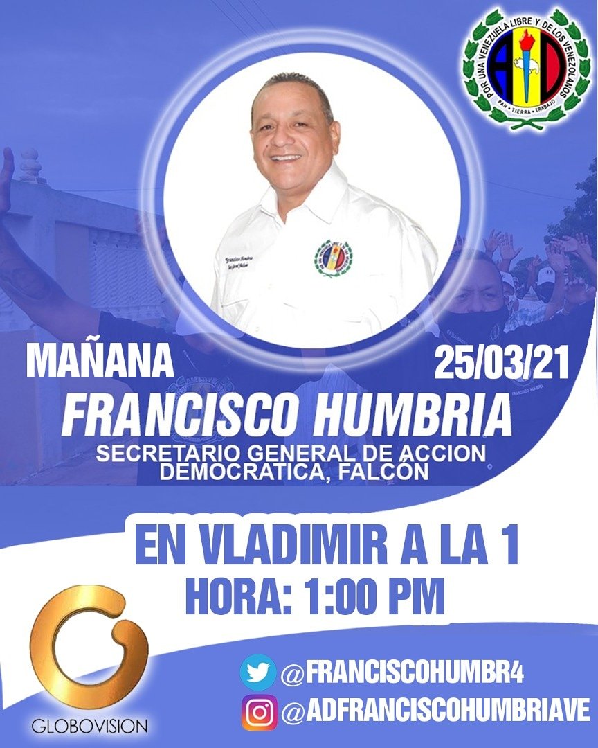 FranciscoHumbr4's tweet photo. Esta tarde en Vladimir a la 1 con @Vladi_VillegasP estará Francisco Humbria, Secretario de Acción Democrática Falcón. 
No te lo pierdas. https://t.co/rPZ06EnhGZ