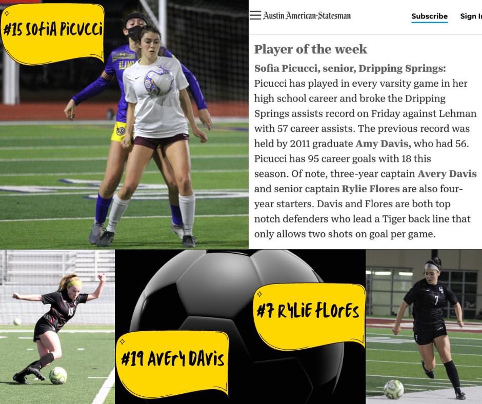 Congratulations to <a href="/DSWomensSoccer/">DSHS Women's Soccer</a>  #15 <a href="/sofiapicucci/">sofia</a> !  Sofia has been named Player of the Week by the Austin American Statesman!  We are very proud of you!

The Statesman also recognized Senior Captains #7 Rylie Flores and #19 Avery Davis as being 4 year starters!!