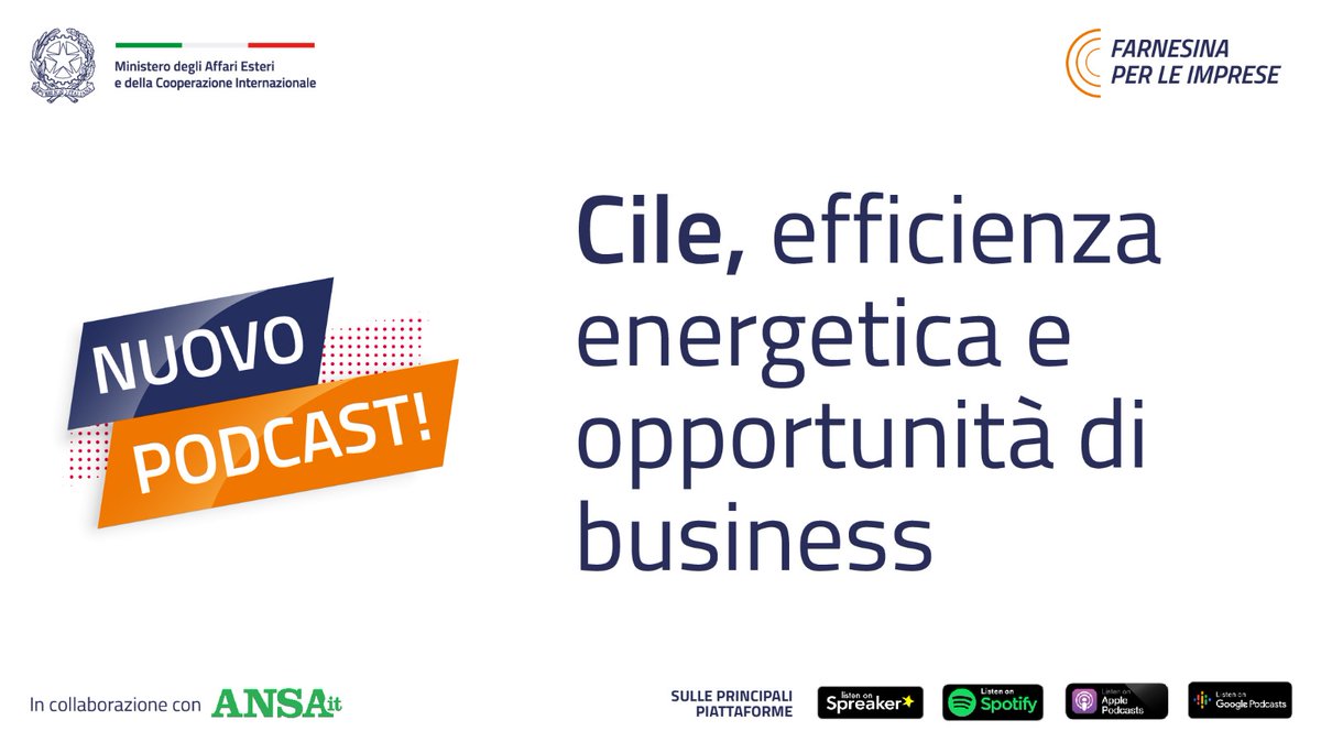 #VociFarnesina #Podcast 🎙️

#FARNESINAXLEIMPRESE Il punto dell'Amb. <a href="/MauroBattocchi/">Mauro Battocchi</a> sul #Cile 🇨🇱 : efficienza energetica e opportunità di business, uno studio commissionato da <a href="/ITASantiagoLima/">ITA Santiago</a> illustra le grandi opportunità per le aziende 🇮🇹

➡️ spreaker.com/user/italymfa/…