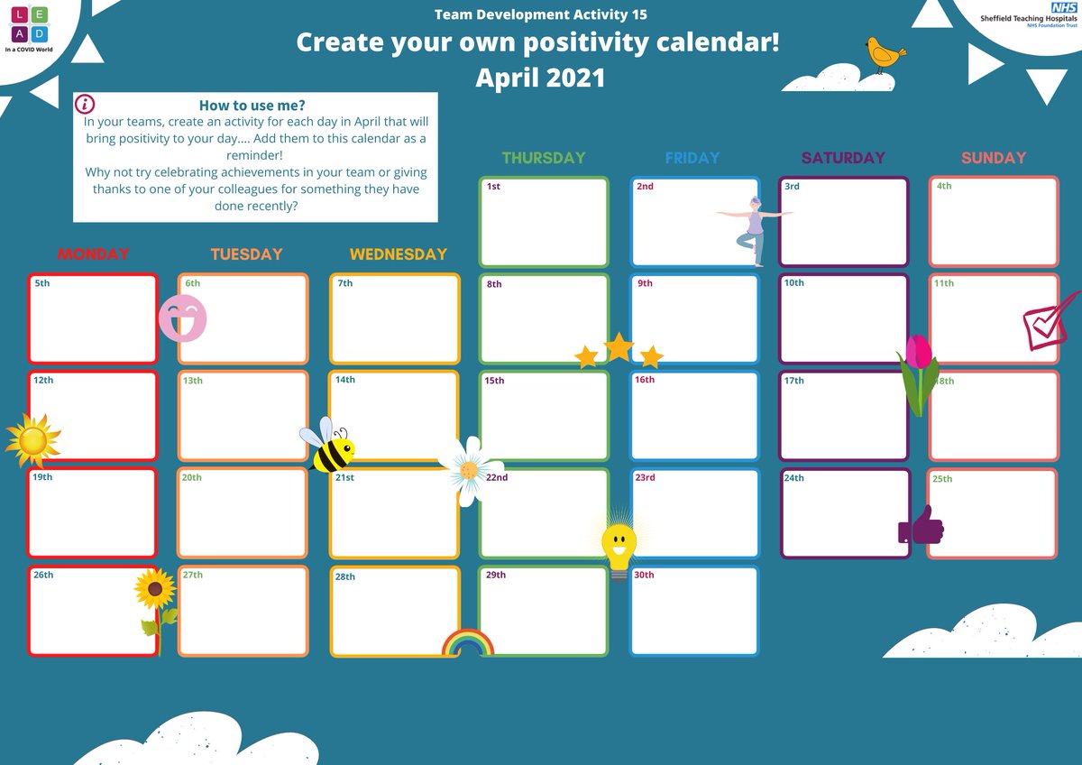 STHODD's tweet photo. Start your April off with some positivity by using our April 2021 positivity calendar🌞🌻 In your teams, try to add a new task or challenge for each day. You could try a socially distanced walking meeting one day or a team drawing competition 👍 https://t.co/dnon7wIKWL