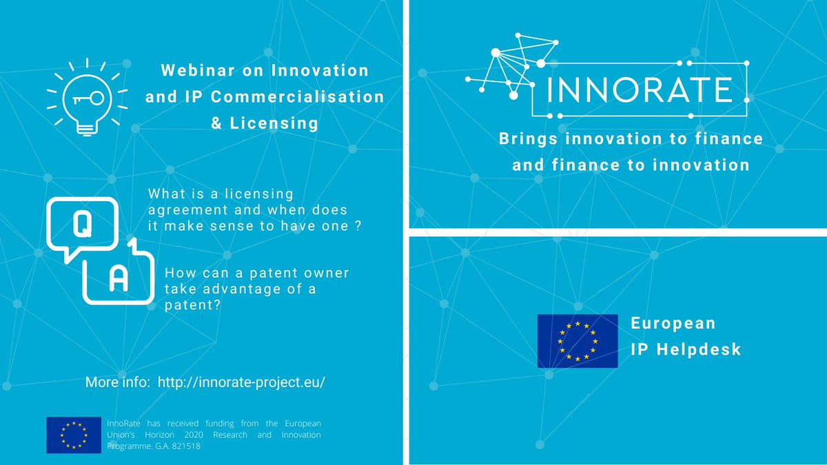 innorateproject's tweet photo. 📣📣 #InnoRate and @IPRHelpdesk will be hosting a webinar on #innovation and IP commercialisation and licensing. Want to know more about licensing agreements and how you can take advantage of your patent?
⌛️ 06 May 10:30 - 12:00 CEST
📄 Register 👉 https://t.co/rRJcUsMrbO https://t.co/zWMy3jFesj