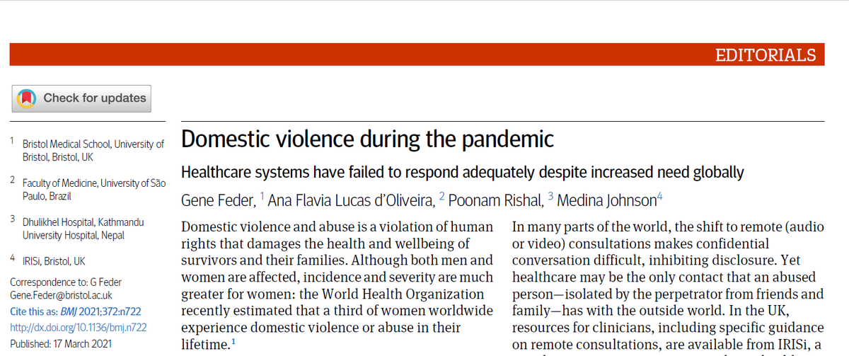 HERA (@hera_vaw) on Twitter photo Editorial: increase in #domesticviolence during #COVID19 in <a href="/bmj_latest/">The BMJ</a> by HERA investigators & <a href="/irisintervent/">IRISi interventions</a> <a href="/DV_Bristol/">DV Health Research</a> We need safe spaces for disclosure in healthcare settings & to invest in advocacy & support services integrated w/in healthcare <a href="/Mrigashiras/">Poonam Rishal</a> Editorial: increase in #domesticviolence during #COVID19 in <a href="/bmj_latest/">The BMJ</a> by HERA investigators & <a href="/irisintervent/">IRISi interventions</a> <a href="/DV_Bristol/">DV Health Research</a> We need safe spaces for disclosure in healthcare settings & to invest in advocacy & support services integrated w/in healthcare <a href="/Mrigashiras/">Poonam Rishal</a>