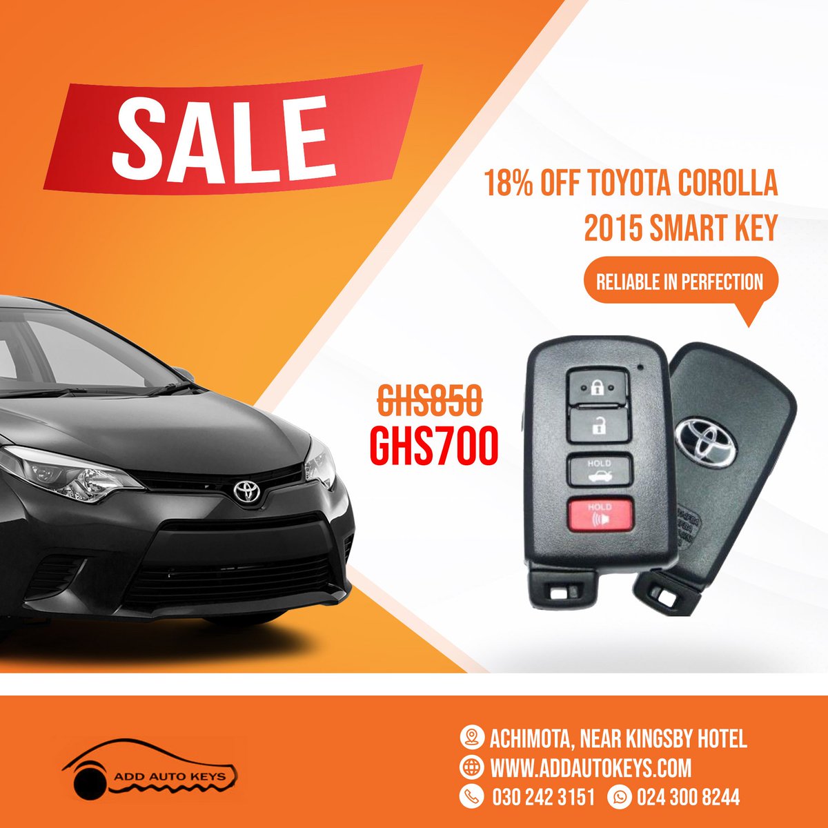 addautokeys's tweet photo. The Toyota Corolla 2015 Smart Key is now 700GHS. This and more amazing offers await you. Don’t forget that we have 10% off all products and services for another week. Hurry while discount lasts. Call or visit us to get yours. #AddAutoKeys #Sale #Keys #CarKeys #Toyota #Ghana https://t.co/AOQnZ1u38H