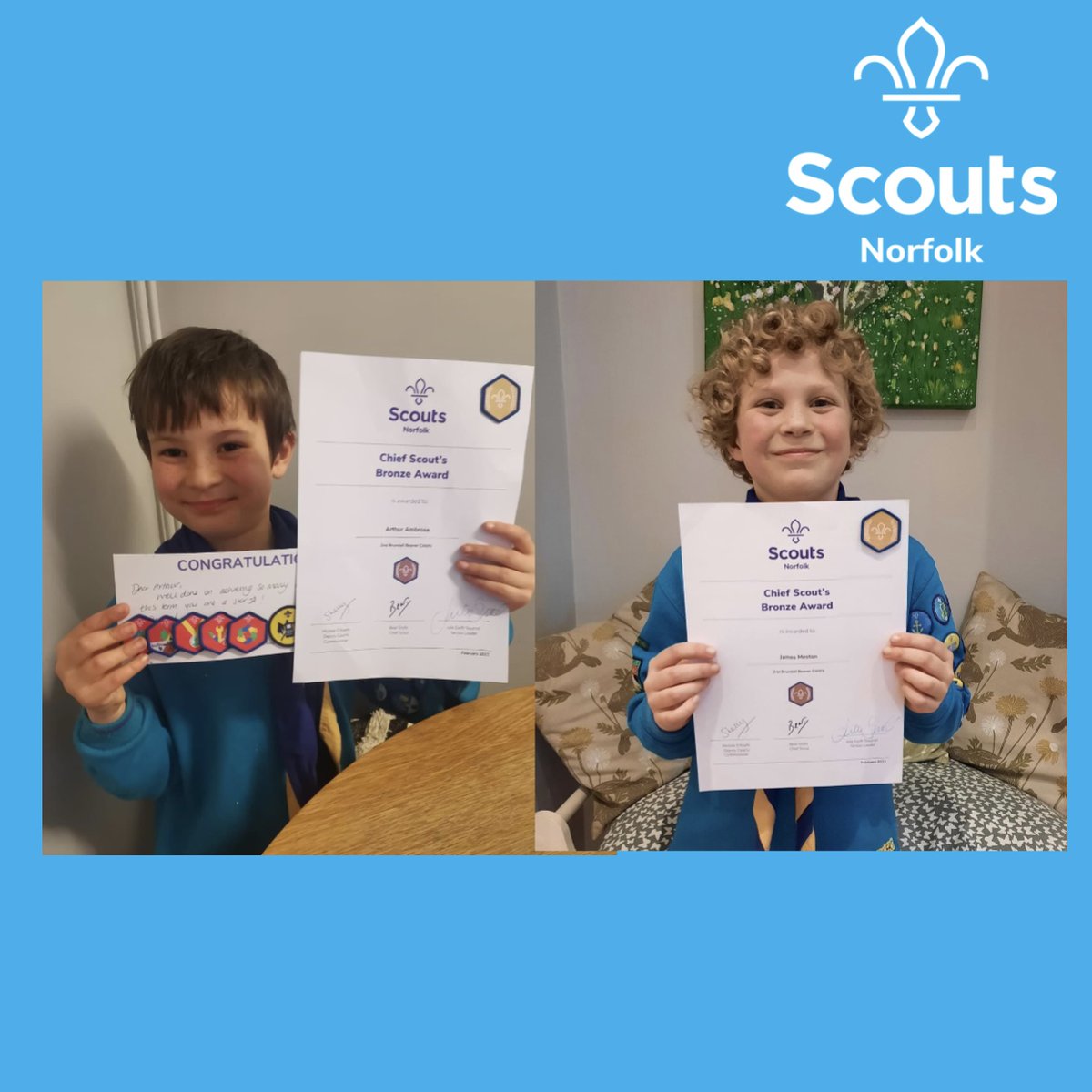 norfolkscouts's tweet photo. CONGRATULATIONS 🎉 Arthur & James on receiving your Chief Scout Bronze awards. Thank you to Gwen and Jack for doing the presentation and joining the Zoom.
#lockdowndoesntstopnorfolkscouts #chiefscoutaward #scoutingathome https://t.co/sb9yv5l2IY