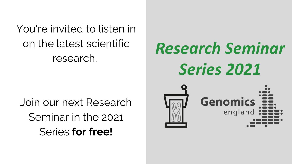 GenomicsEngland's tweet photo. You’re invited to listen in on the latest #scientificresearch - join our Research Seminar at 14:00-15:30pm for talks from #researchers about their recent publications using our #Genomes100k Project. @GeCIPteam

 Register now for free: https://t.co/YEmYlGWycv https://t.co/UEiIHMXp9A