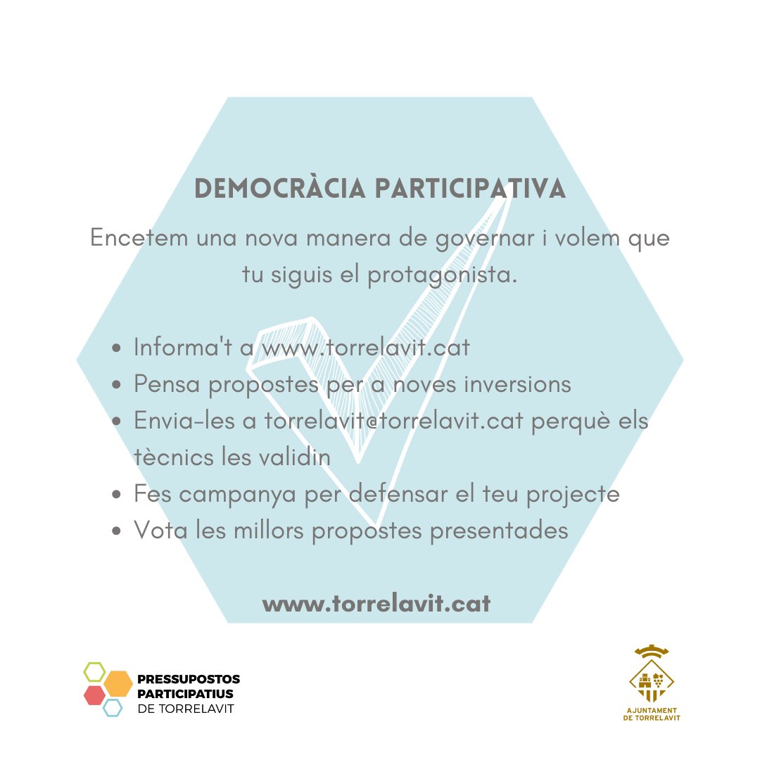 ajtorrelavit's tweet photo. Comença un camí nou, on la ciutadania #decideix el que vol per al poble. Comencem el camí de la democràcia participativa.
1. Informa't a https://t.co/sMp3Eq214h
2. Pensa noves propostes 
3. Fes campanya 
4. Vota les millors propostes 
Entre tots, #decidim el futur de #Torrelavit! https://t.co/JJUGi6zCJR