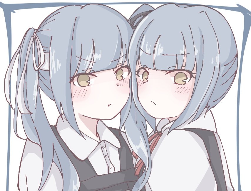 kasumi (kancolle) ,kasumi kai ni (kancolle) multiple girls 2girls side ponytail grey hair shirt white shirt ribbon  illustration images