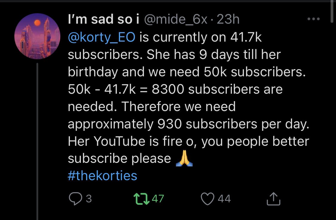 korty_EO's tweet photo. it’s taken me 2 days to gain 1000 subscribers which means according to this calculation, my 50k isn’t sure 😞😞 God help us 🧎🏾‍♀️🤲🏽 https://t.co/yOzrNN8n8y https://t.co/ulHe8ForaW