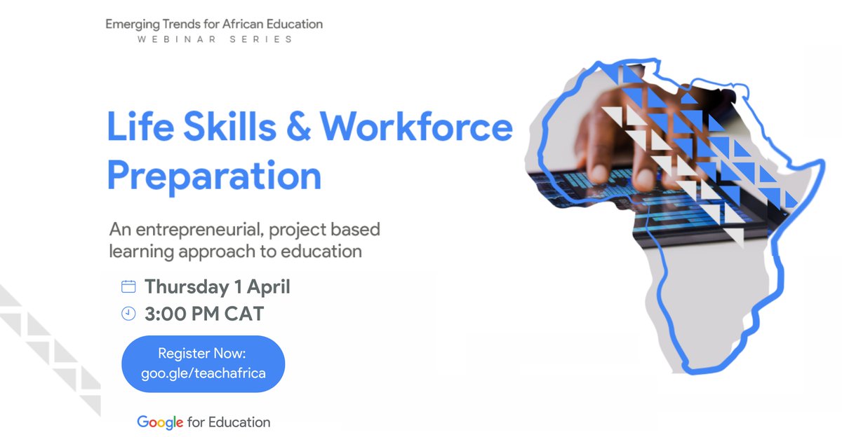 SACEPointsGuide's tweet photo. Registrations are open for Google for Education's third #SSAWebinar session, focused on “Life Skills and Workforce Preparation.” 

Are your learners ready for the #4IR? Register now and find out: https://t.co/mSgBau56B9 
 #GoogleEdu https://t.co/kwAFvgUFxP