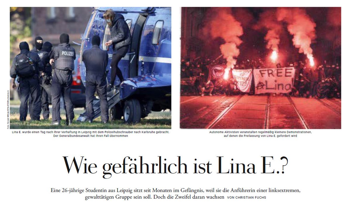 Die Medien schrieben über eine Leipziger Studentin als "Chef-Chaotin im Mini-Rock". Sie soll 1 Linksextreme sein,die "fast wie die RAF" agiere. Das LKA spricht vom "Grenzbereich zum Terrorismus". Doch die Zweifel wachsen. 

Wie gefährlich ist Lina E.? zeit.de/2021/13/lina-e… [Z+]