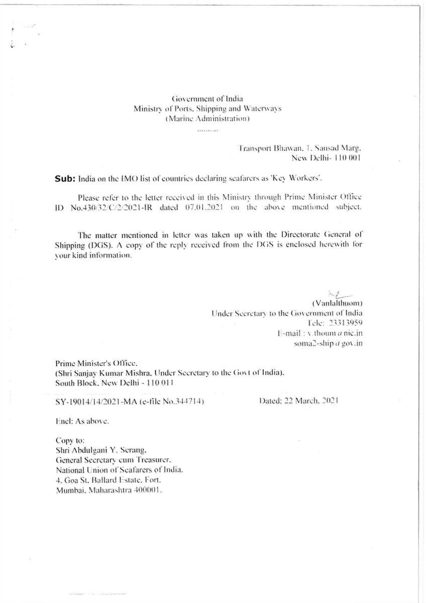 AbdulganiSerang's tweet photo. PMO responds 2 NUSI  demand for designation of seafarers as "Key Workers" by India
DGS appreciates NUSI efforts

NUSI strongly took up with PMO for all seafarers 2b on "priority list" to receive Covid Vaccination.  V r 100% sure of achieving this demand also. V will keep u posted https://t.co/H5wgQ8E8ic
