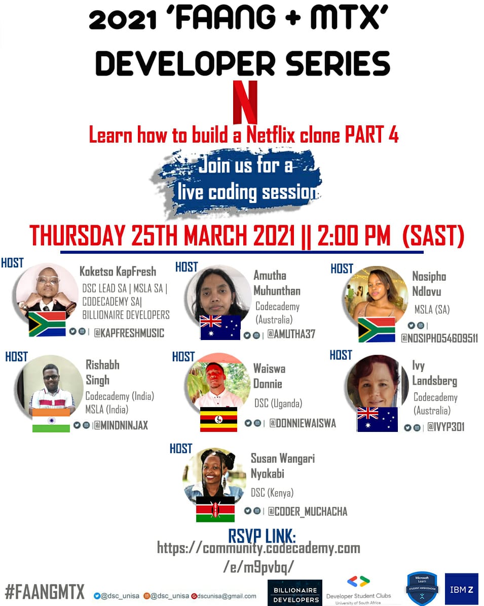 Just a quick reminder of the live Netflix UI build TODAY at 2:30 PM SAST.
Just to make sure you have the right tools for today's session:
-a GitHub account:
github.com
-vs code
code.visualstudio.com
-Node js
nodejs.dev/download/
Good luck and see you then 🙂