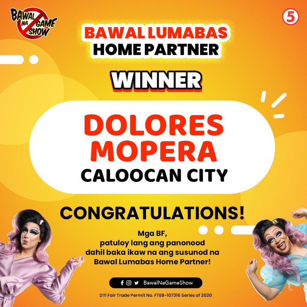Congratulations, BF Dolores! 🎉

Bongga! Nanood lang ng #BawalNaGameShow, nanalo na agad ng 10,000 pisos! 👏🏼

Mga BF, patuloy lang ang panonood dahil baka ikaw na ang susunod na Bawal Lumabas Home Partner.