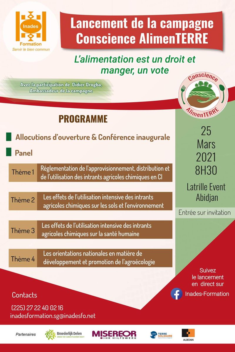 SergeFarell's tweet photo. Cérémonie de lancement officielle de la Campagne Conscience AlimenTERRE se tient ce 25 Mars 2021 à Espace Latrille Events
L'alimentation est un droit et manger est un vote. Donc votons tchê.
#InadesFormation #ConscienceAlimenTERRE https://t.co/djEBFWKHAe