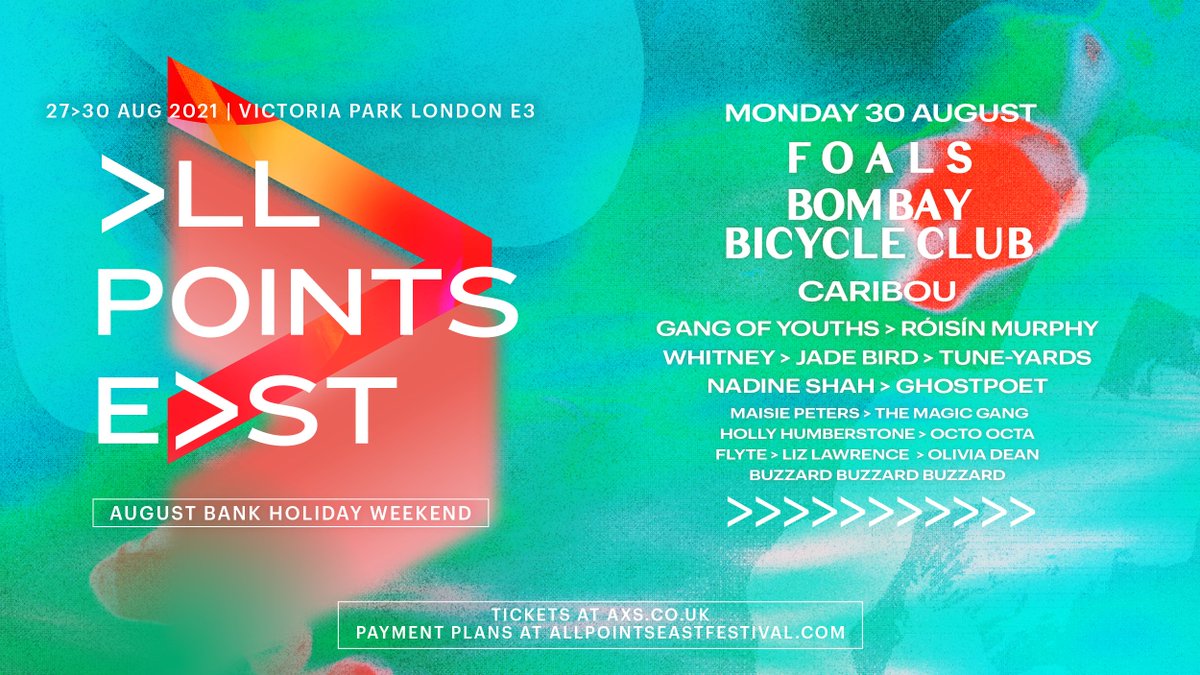 allpointseastuk's tweet photo. Our next lineup has landed! 🙌 Joining us in Victoria Park on Monday 30 August for the Bank Holiday Weekend will be Foals and Bombay Bicycle Club plus Caribou, Gang of Youths, Róisín Murphy and many more.

❯ Tickets go on sale tomorrow (Friday 26 March) at 10am https://t.co/NVYMRZu4Ie