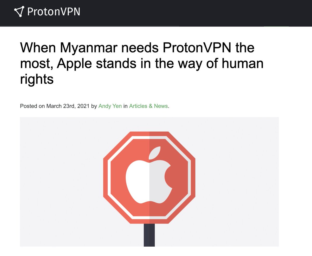 JusticeMyanmar's tweet photo. .@Apple "stands in the way of human rights" as ppl of #Myanmar urgently needs to access VPN to protect &amp; promote their rights. Apple blocks @ProtonMail VPN updates while cont. to allow military-linked biz to promote their biz using their services 👉🏽 https://t.co/YBCy1AEpE6 https://t.co/UtBf79LqXQ
