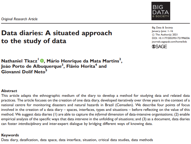 BigDataSoc's tweet photo. New paper! Data diaries: A situated approach to the study of data 📖 by Nathaniel Tkacz, Mário Henrique da Mata Martins, João Porto de Albuquerque, Flávio Horita and Giovanni Dolif Neto. You can read more at this link: https://t.co/xzFFWZbstS #datafication #datainterface #methods https://t.co/c5YAEjlUiv