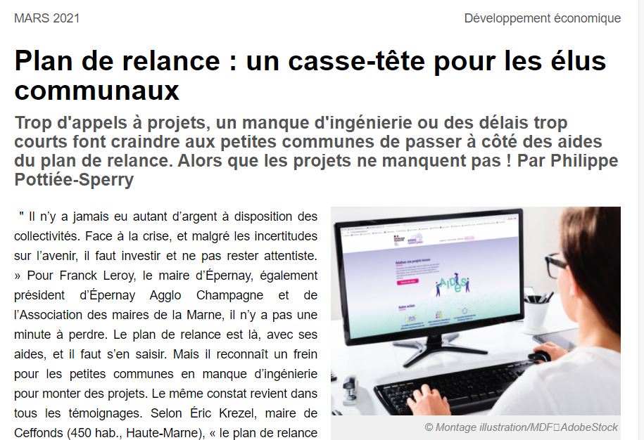l_amf's tweet photo. 📰"Plan de relance : un casse-tête pour les élus communaux" - article de #Maires de France - Mars 2021 #Collterr https://t.co/fSh36ZmQdX https://t.co/hRp9HouaRO