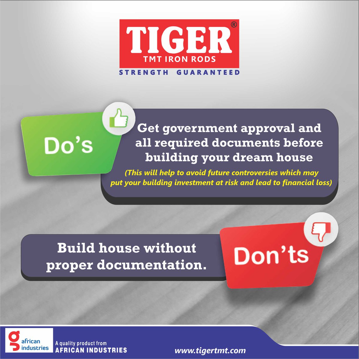 TigerTmt's tweet photo. We have created a list of Do's and Don'ts that you should observe when building your dream home.
Read through to learn more!
#BuyAGenuineTMT
#BuildHouseforgenerations
#LetsBuildTogether
#StrengthGuaranteed
#TIGERTMT https://t.co/iU3vd4xPvY