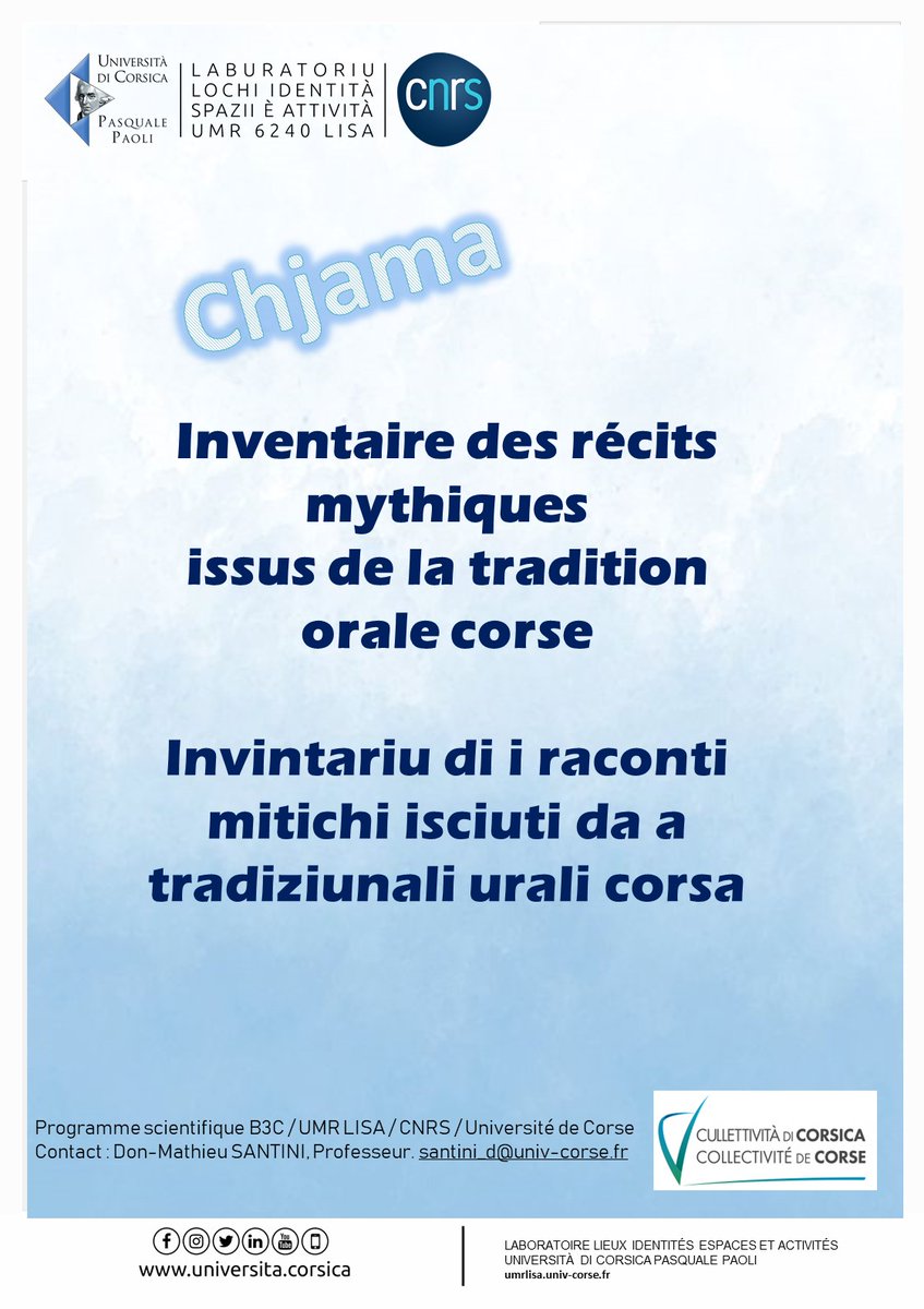 📣📣CHJAMA 
umrlisa.univ-corse.fr/.../invintariu…
#Univcorse #Inshs_CNRS #inshs #dr12_cnrs #SciencesParticipatives #chjama #inventairerecitsmythiquescorse #corse #corsica #mythes