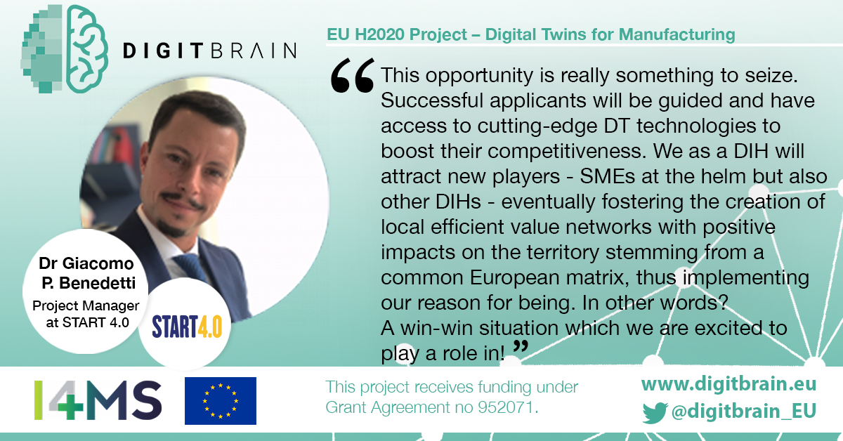 Get ready for the #opencall #webinar on April 20th with Giacomo Benedetti from Start 4.0. 
digitbrain.eu/first-open-cal…

#DigitalTwins For #Manufacturing

Start 4.0 is one of our #DIHs that will happily assist you in the application process for DIGITbrain #InnovationProject.