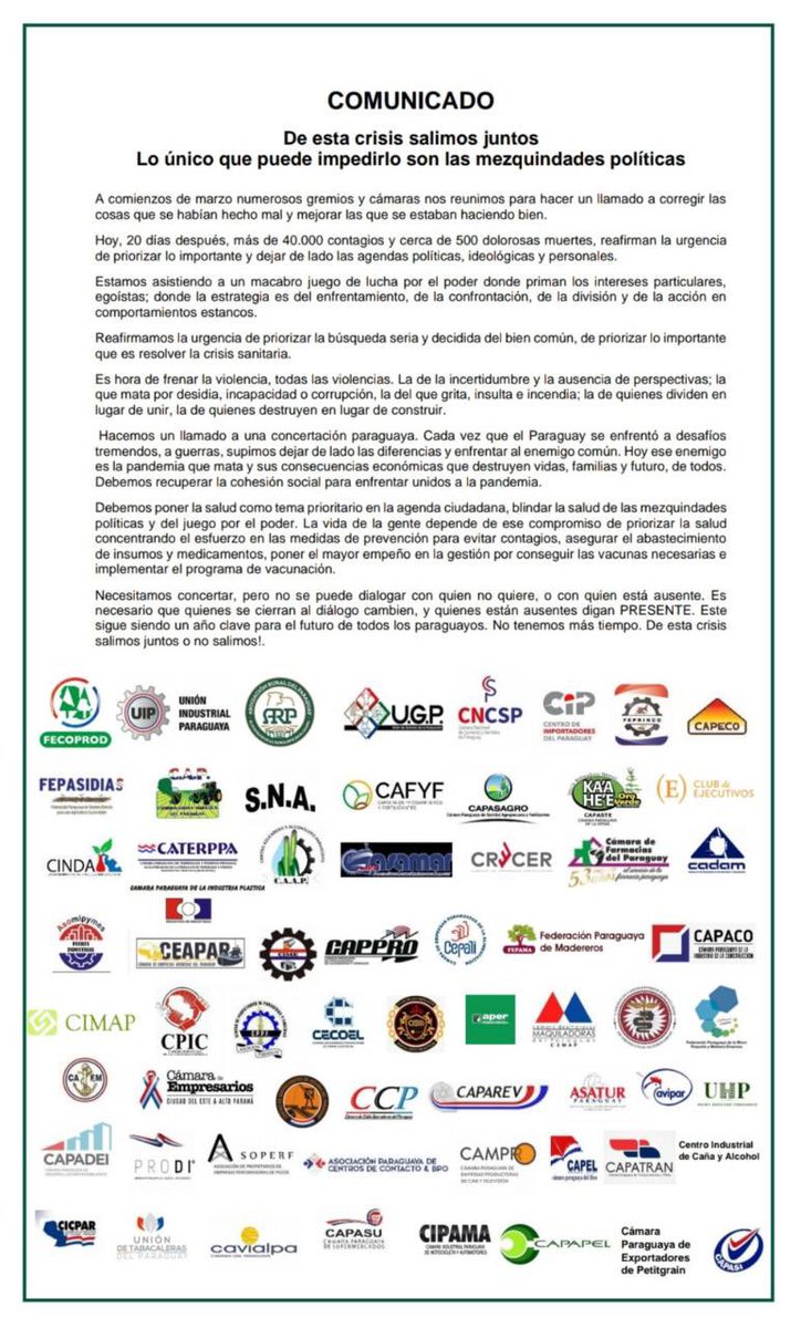 La Asociación Paraguaya de Centros de Contacto  se suma a este COMUNICADO, Los Gremios Productivos y Empresariales se pronuncian.

📌 "De esta crisis salimos juntos o no salimos".