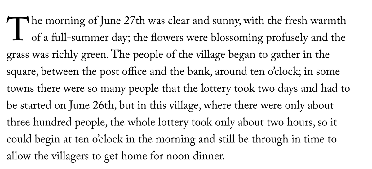 80. "The Lottery" by Shirley Jackson collected in COME ALONG WITH ME. Available online from  @NewYorker  https://www.newyorker.com/magazine/1948/06/26/the-lottery