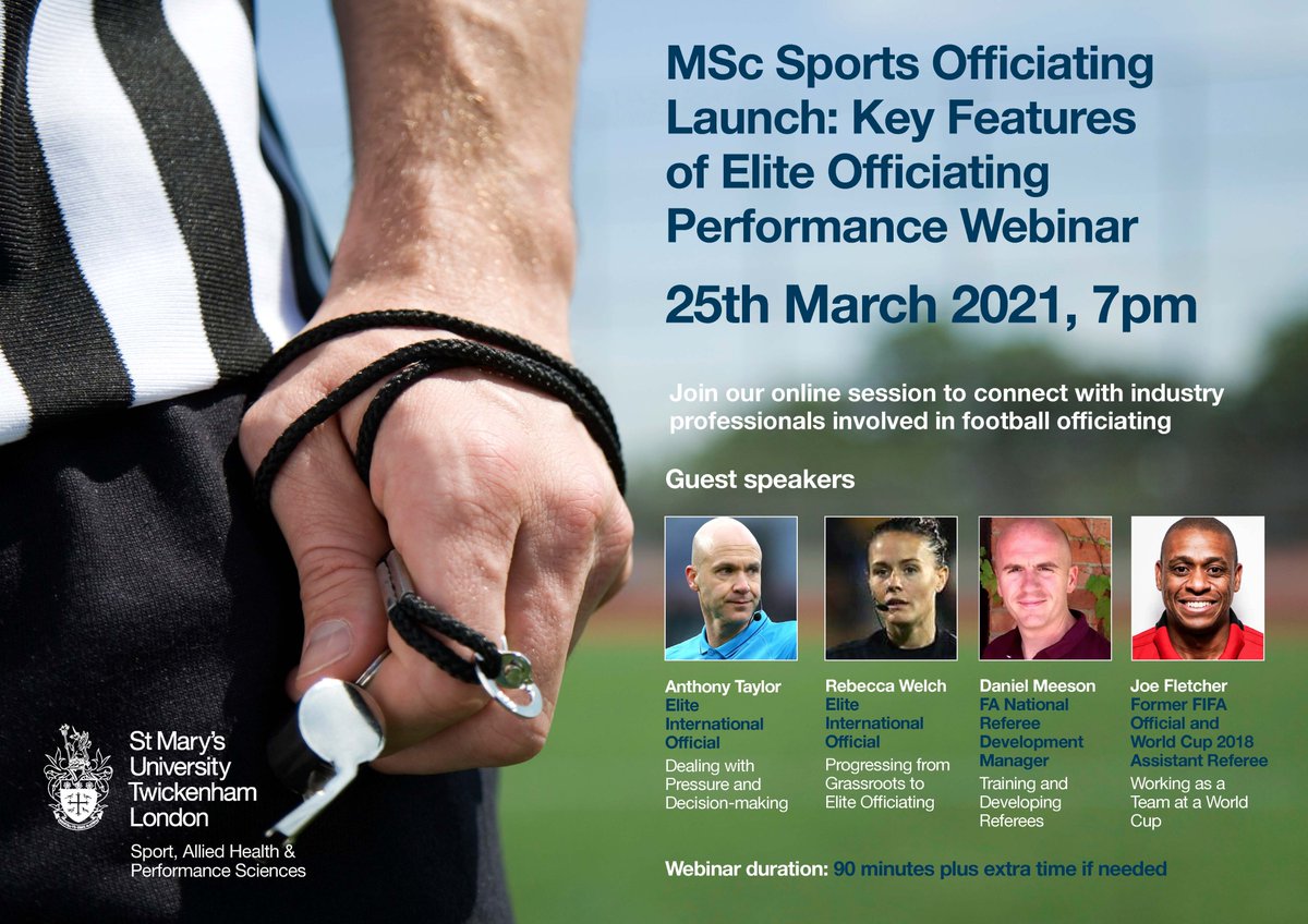 Today's the day! 

Join us for our MSc in Sports Officiating launch webinar, with an outstanding group of speakers from the world of football, tonight at 7pm! Register here: stmarys.zoom.us/webinar/regist…

@FARefereeing @RefsAssociation @sportsofficials @BetterOfficials @AbbeBrady