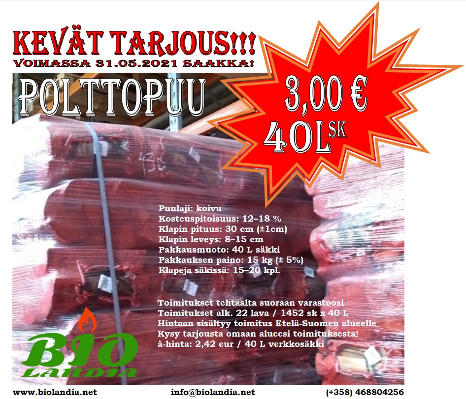 biopolttoaine's tweet photo. KOIVUKLAPIA 3,00 EUR / 40 L SÄKKI TOIMITETTUNA
Lue lisää: https://t.co/I5u6QyCkli
#biolandia #biostandard #Suomi #Finland #polttopuu #takkapuu #koivuklapi #koivu #klapi #halko #lämmitys #verkkokauppa #tukkukauppa #tukkumyynti #polttoaine #kampanjat #verkkokaupat #sale #tarjous https://t.co/CytjIpVkyp